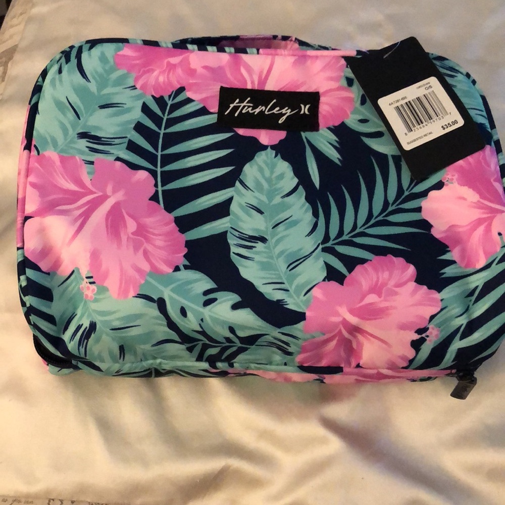 Hurley 100% Polyester Obsidian & Tropical Flower Zip Around Cosmetic Bag OS NWT - Picture 5 of 16